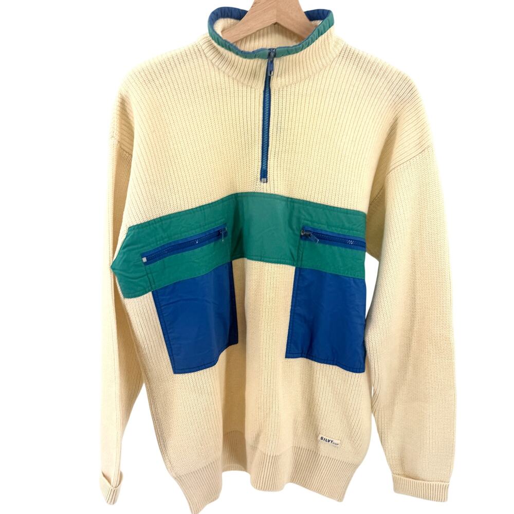 Vintage 90s Silvy Tricot Cream 100% Pure Wool Colorblock Ski Quarter Zip Sweater